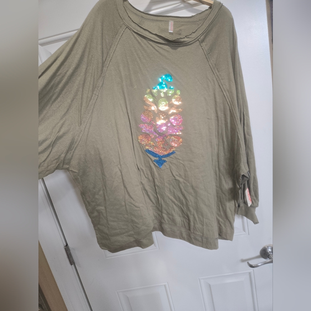 Free People Olive Sequin Pinecone Sweatshirt